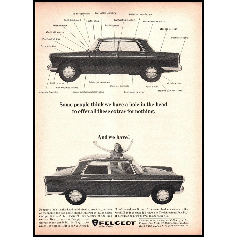 1966 Peugeot Sedan Vintage Print Ad Girl Lady in Sunroof Man Cave Wall Art 60s